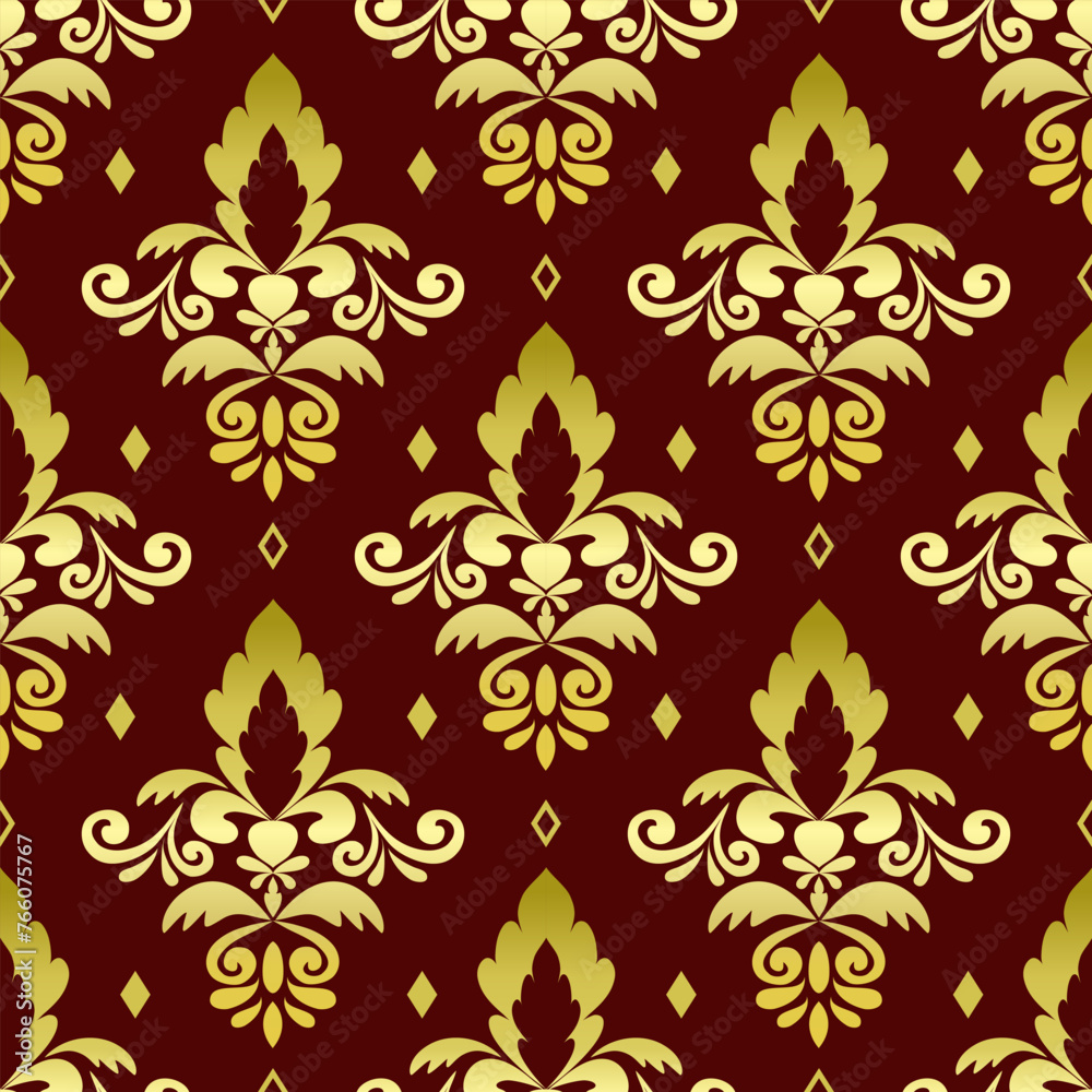 Classic seamless vector pattern. Damask orient ornament. Classic vintage background. Orient golden on Red background ornament for fabric, wallpaper Classic seamless vector pattern. Damask orient ornament. Classic vintage background. Orient golden on Red background ornament for fabric, wallpaper