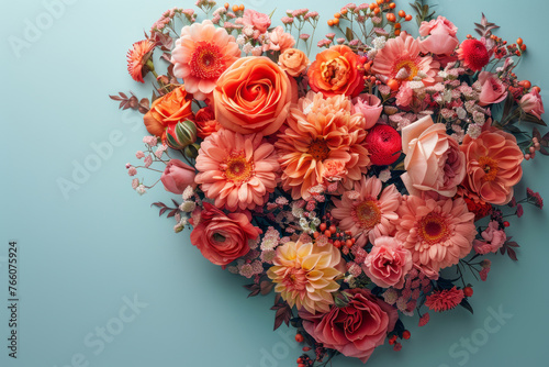 Living Coral Color. Heart shape made of flowers. Valentine s Day. Generative AI