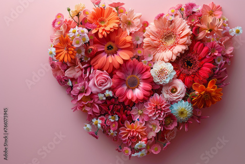 Living Coral Color. Heart shape made of flowers. Valentine's Day. Generative AI