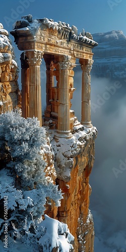 view snowy cliff building top roman pillars stunning design zenobia winter dionysus also known artemis creation grand temple flowers arabia liege awestruck abandoned photo