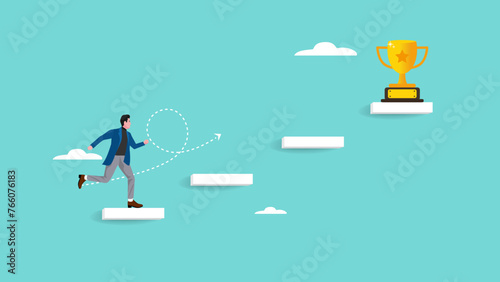 stairway to victory or success illustration, career path or step to achieve business target and goals, businessman running up stairs to reach trophy of success concept vector illustration