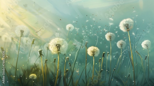dandelions field deep droplets wisps air pollution wonderful light puffballs dreamy hazy wind