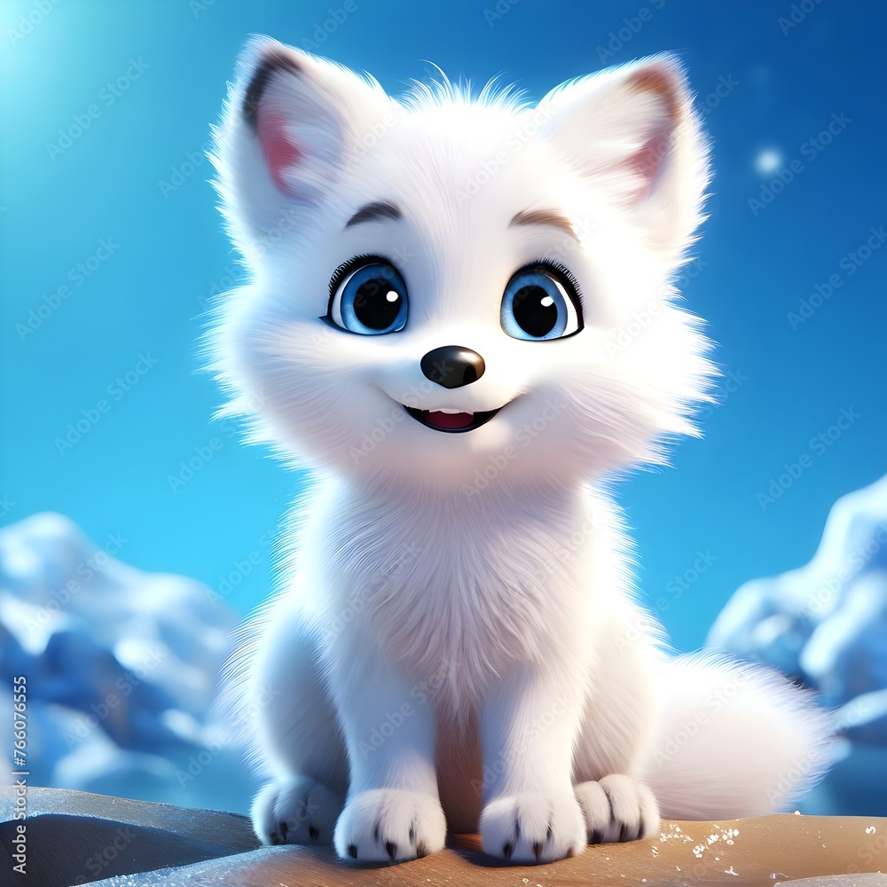 A cute smiling 3D cartoon arctic fox in the snow with sparkling eyes