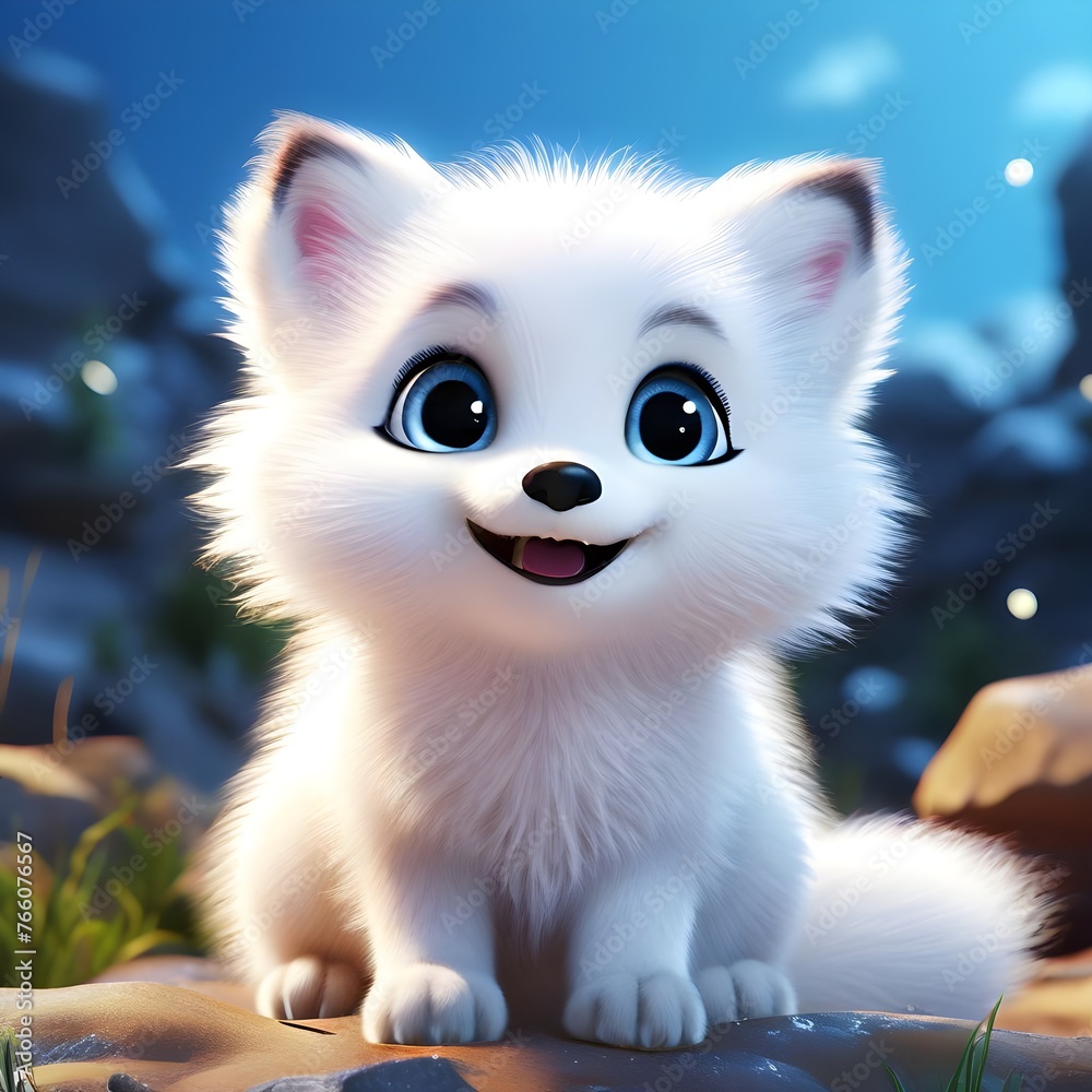 A cute smiling 3D cartoon arctic fox in the snow with sparkling eyes