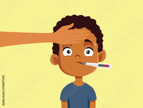 Mom Taking Temperature of her Sick Son Vector Illustration. Parent checking a little child with traditional and professional method 
