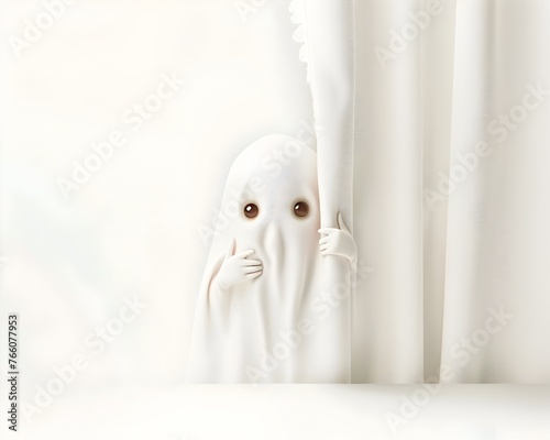 Shy Ghost Hiding Behind Curtain,Adorable Spookiness on White Background