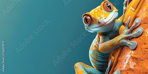 Gecko with Adhesive Tech Gloves for Scaling Vertical Surfaces and Walls in Vibrant Colorful photo