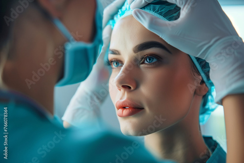 A woman is getting her hair done by a man in a blue surgical outfit