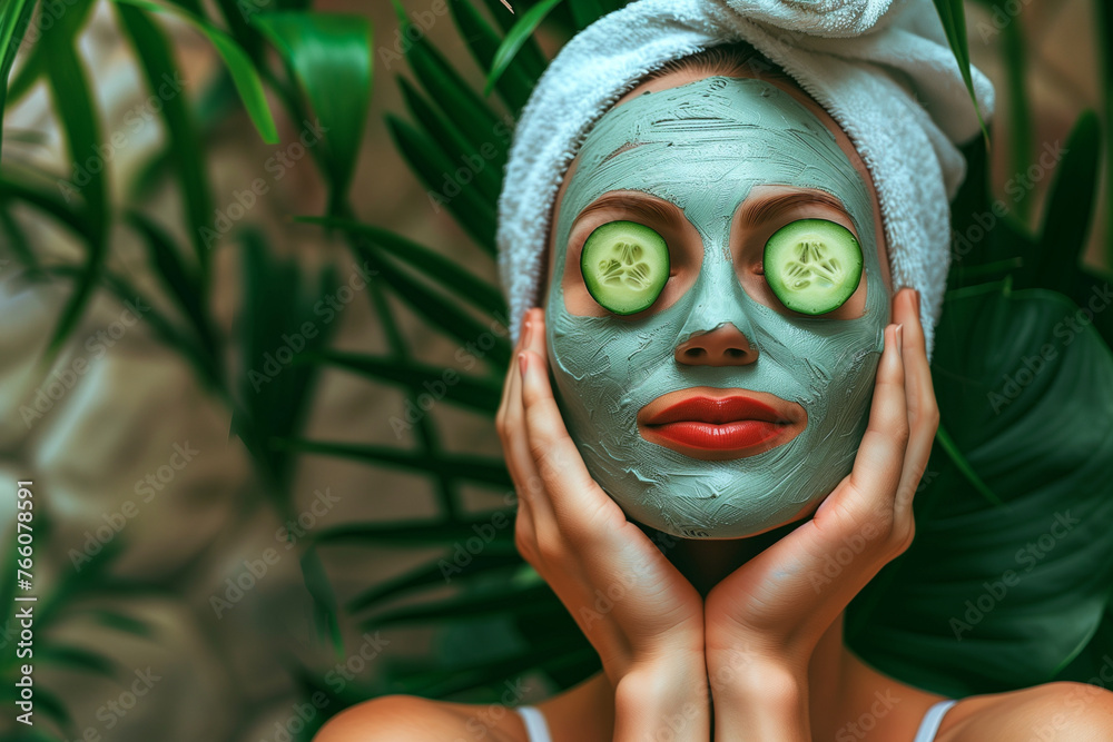 A woman is wearing a cucumber mask and has her eyes closed. She is smiling and she is enjoying the experience