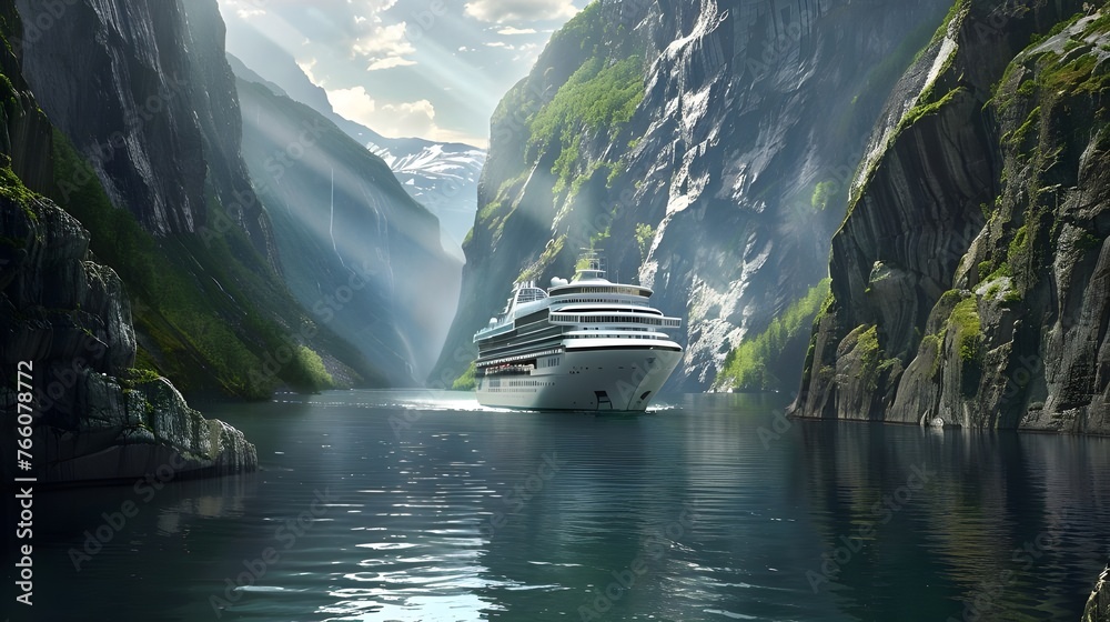 Cruise ship passes a narrow canyon of rock one of the many natural wonders that can be found in Norwegian fjords - obrazy, fototapety, plakaty 