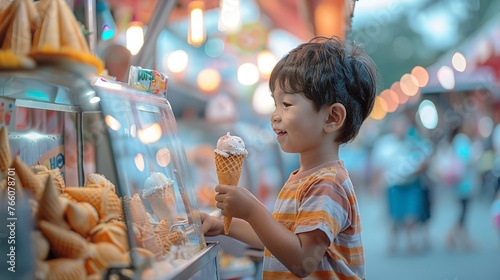 A sweet little male child is purchasing ice cream from a street seller depicting summer fun and space, Generative AI.
