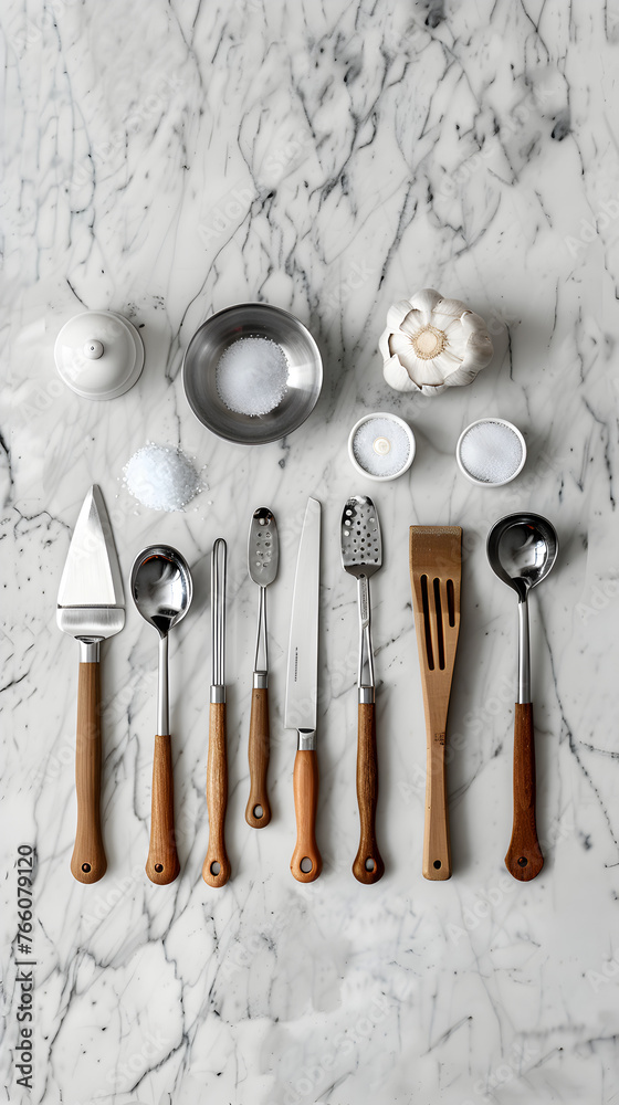 Chef tools knolling, all items on a marble kitchen table. Chef tools knolling, all items on a marble kitchen table.