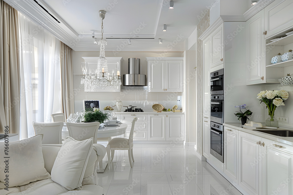 Fototapeta premium Modern kitchen, white kitchen, white furniture.