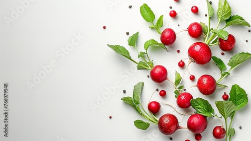 An array of sprouting red radishes with green foliages over a white setting health related and space, Generative AI.