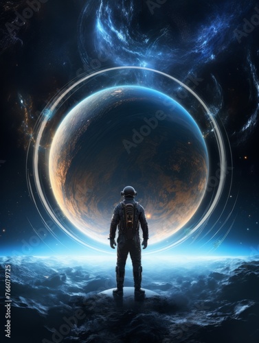 an astronaut with a dark black spacesuit staring at a giant dark Grey and light blue color Planet, cinematic shot wide angle