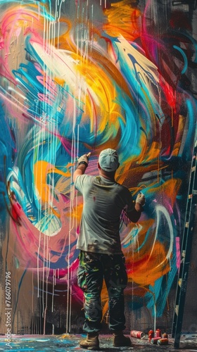 Artist creating a vibrant, abstract mural with a swirl of colors on a wall, spray cans at his feet, embodying creativity and street art.