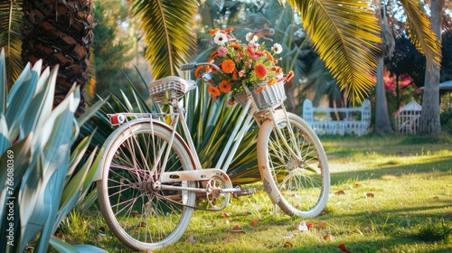 In a yard with green grass and tropical palm fronds, there is a white vintage bicycle with a colorful wheel and vibrant flowers in a white pot in a basket. ornamentation in a spacious , World Bicycle 