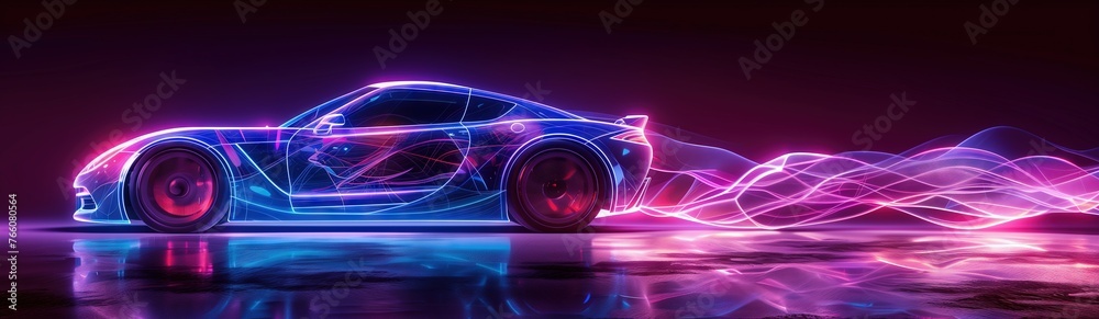 car made of colorful neon light waves, with its body glowing