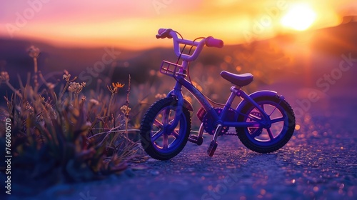 Purple bicycle toy waits outside at sunset light.