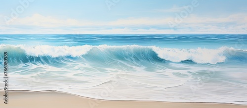 An exquisite painting depicting wind waves crashing on a sandy beach, creating a mesmerizing natural landscape with the sky, clouds, and fluid water
