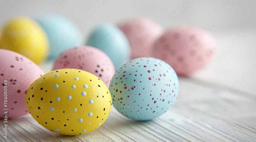 Colorful Easter eggs on a table, white background