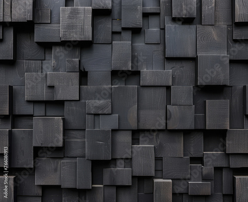 Black background with 3D blocks  arranged in a random pattern The blocks are arranged in the style of random placement