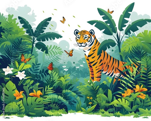 Lush Tropical Jungle Habitat with Majestic Bengal Tiger Amidst Flourishing Foliage and Vibrant Wildlife © Thares2020