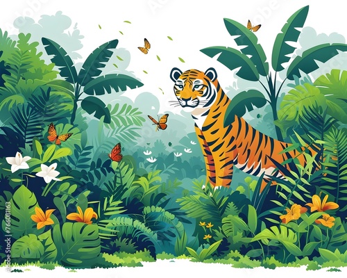 Lush Tropical Jungle Habitat with Majestic Bengal Tiger Amidst Flourishing Foliage and Vibrant Wildlife