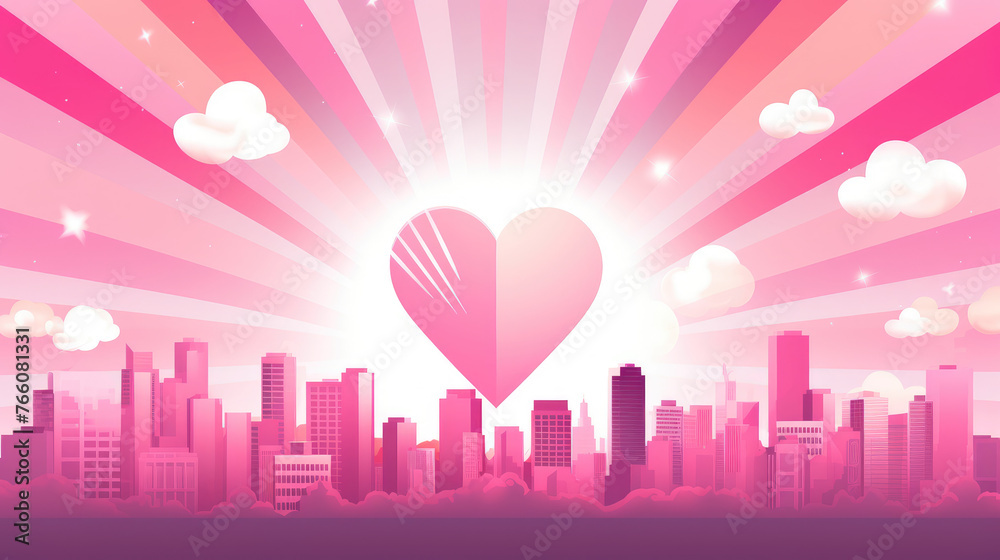 Downtown cityscape with heart shape pink sun ray sun burst comic halftone retro design. Summer design. Valentine love and romance concept