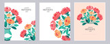 Happy Mother's Day vector greeting cards set. Carnation flower modern style. pastel colors 
