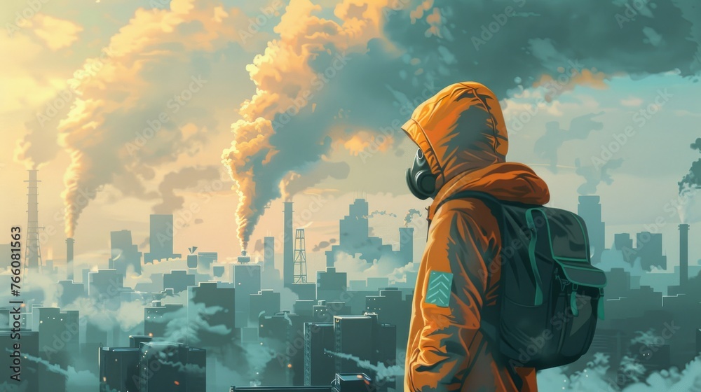 A character in a polluted urban landscape urging viewers to consider the consequences of air pollution on health and well-being.