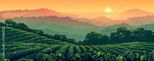 Aerial View of Lush Coffee Farm Under the Sunrise Across Scenic Mountain Landscape