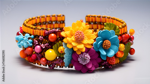 Bracelet brightly colored woven with a unique put on the desk with flowers