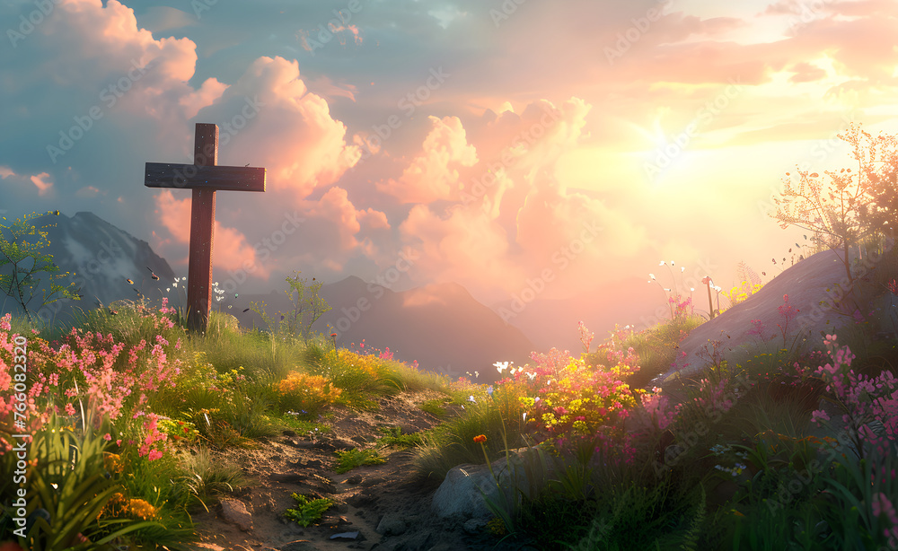 A Christian symbol of faith, a cross on a hill with a path leading to it, representing the way to God. Happy Easter celebration A Christian symbol of faith, a cross on a hill with a path leading to it, representing the way to God. Happy Easter celebration