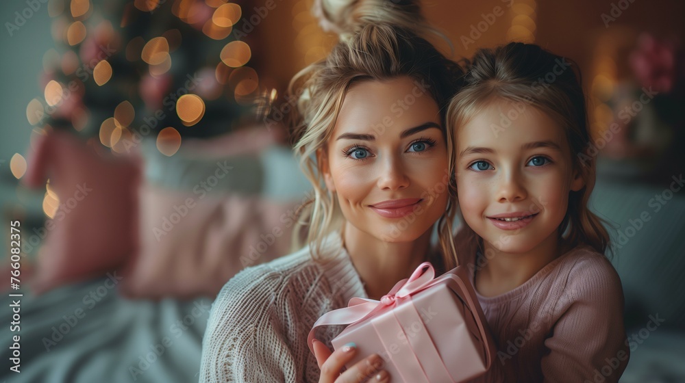 woman receiving a gift from her daughter, both hugging, inside the room woman receiving a gift from her daughter, both hugging, inside the room