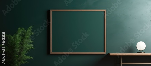 A rectangular picture frame made of wood is hanging on a green wall in the living room. The art piece displayed features tints and shades, framed by blackboard paint, and covered with glass