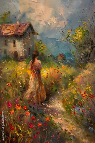 woman walking field flowers house background wanderer mountain feelings guilt bright castle photo