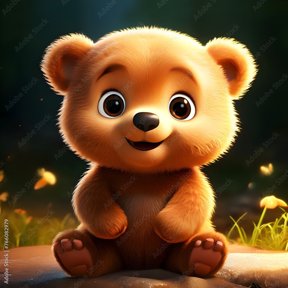 A smiling cute 3D cartoon bear cub with big round sparkling eyes A smiling cute 3D cartoon bear cub with big round sparkling eyes