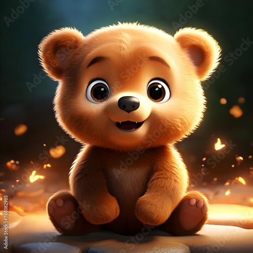 A smiling cute 3D cartoon bear cub with big round sparkling eyes