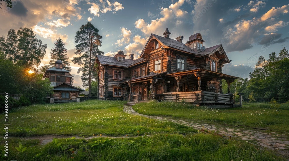 Wooden country house, home exterior. Mandrogi Russia