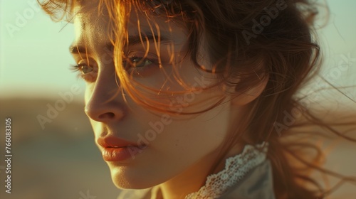 woman long hair lace collar soft dreamy light sunset freckled pale skin front burning desert colored eye contact edwardian photo