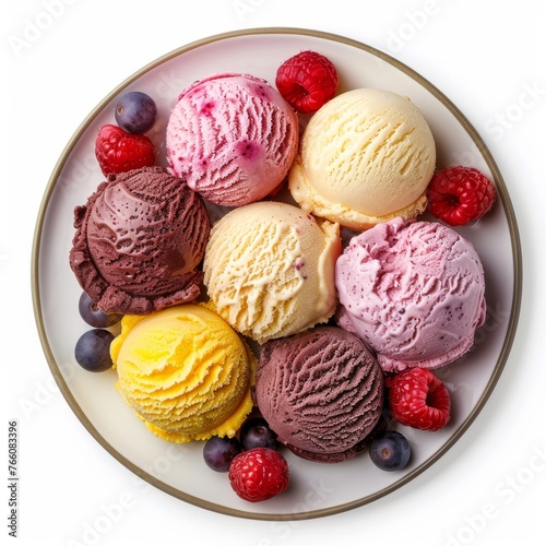 Top view of assorted scoops of colorful ice cream with berries on a plate isolated on white background