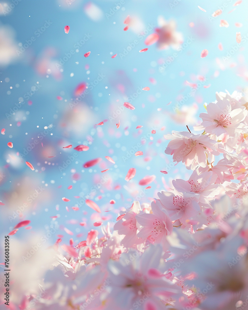 White and pink sakura bathed in the morning sun, their petals gently falling against a backdrop of serene blue sky.