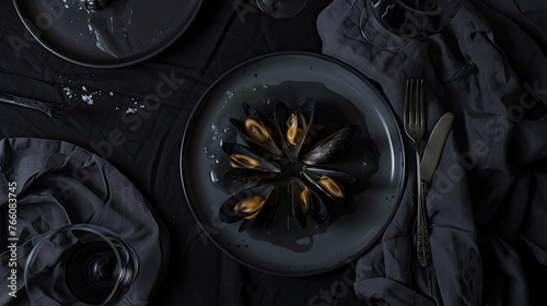 food photography, mussels on the plate, cutlery beside, dark grey table cloth, black background