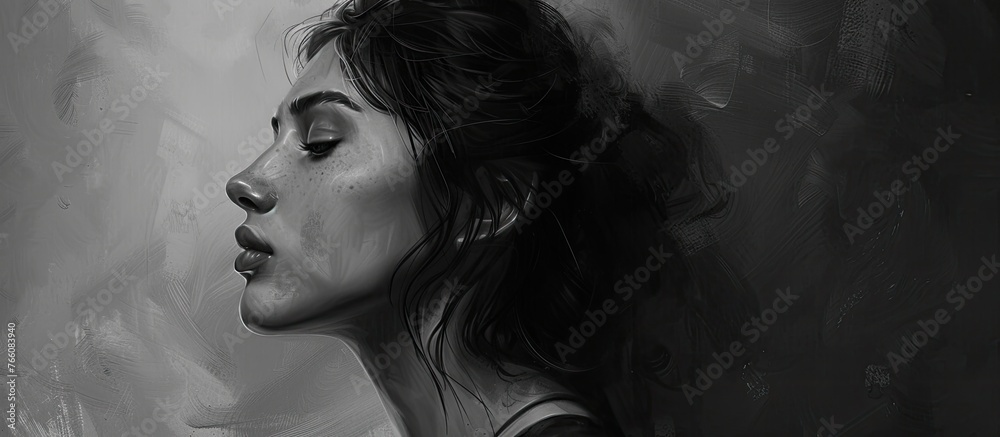 A monochrome painting capturing a womans happy expression with details like her nose, jaw, hair, and eyelashes. The art features a play of light and shadow, reminiscent of flash photography A monochrome painting capturing a womans happy expression with details like her nose, jaw, hair, and eyelashes. The art features a play of light and shadow, reminiscent of flash photography