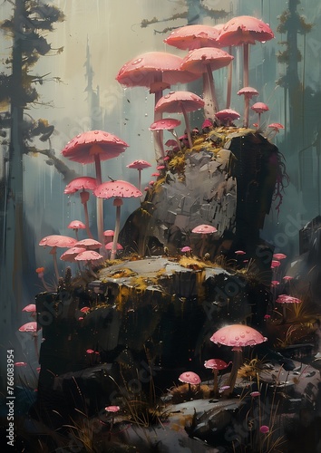 pink umbrellas rock woods forest mushroom cap mycologist mushrooms morning light overgrown ruins