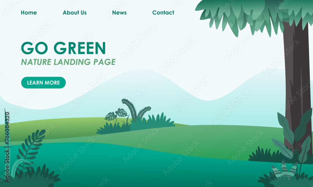 Fototapeta premium Landing page layout with illustration of nature or go green concept. Vector illustration.