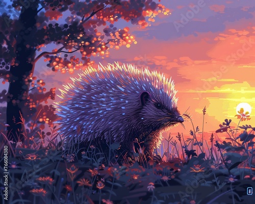 Porcupine pixel art quill bristling animation soft twilight quirky and endearing © Thanadol