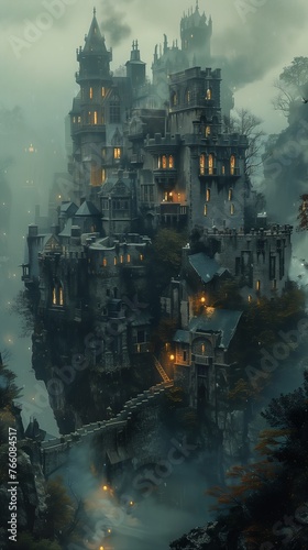 castle cliff river foreground cozy misty night ice city architecture glow barracks fantastical enchanted dreams palace