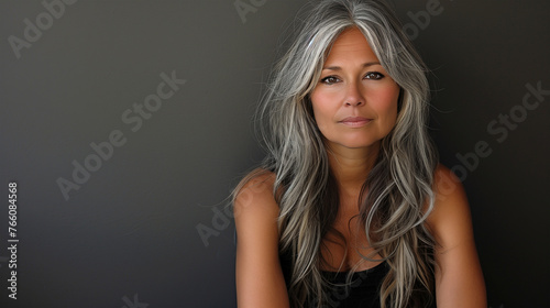 Elegant middle-aged Asian woman in black outfit with silver hair isolated on dark background.